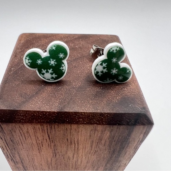 Green Mickey Mouse snowflake stud earrings. Christmas, Winter, Holiday. - Picture 5 of 9